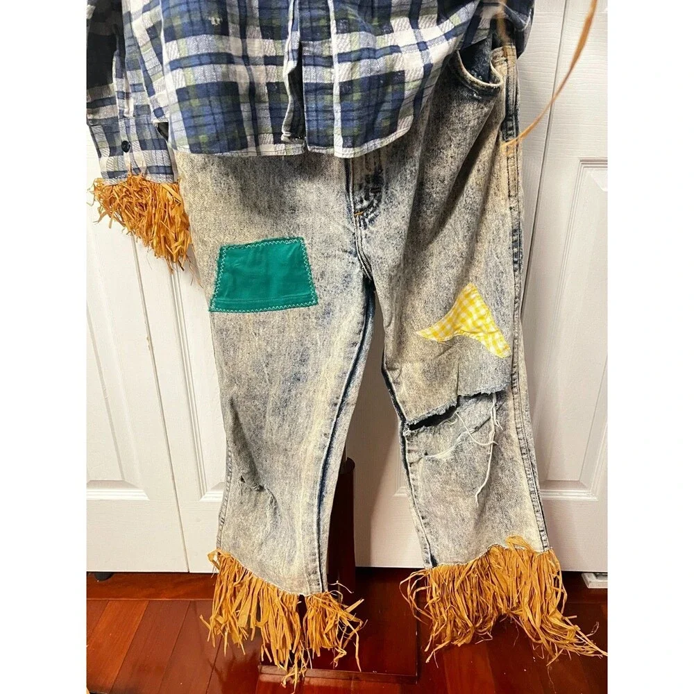 Vtg Handmade Scarecrow Costume Adult M/L Halloween USA Denim Patchwork Straw Hat